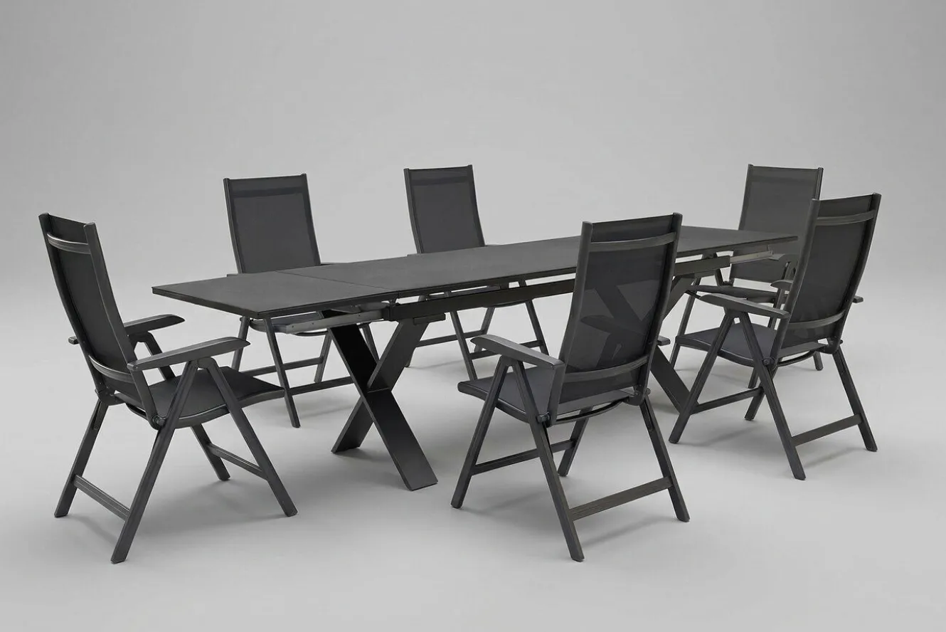KETTLER BasicPlus Garten-Essgruppe, anthrazit, Alu / Spraystone / Textil, Tisch 180/280x100cm, 6 Klappstühle
