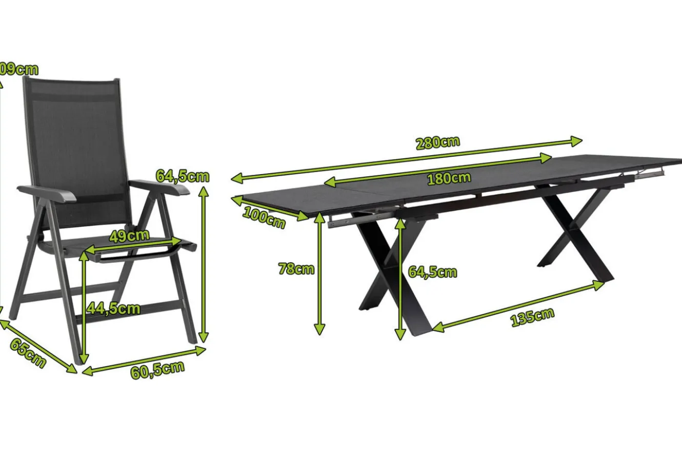 KETTLER BasicPlus Garten-Essgruppe, anthrazit, Alu / Spraystone / Textil, Tisch 180/280x100cm, 6 Klappstühle