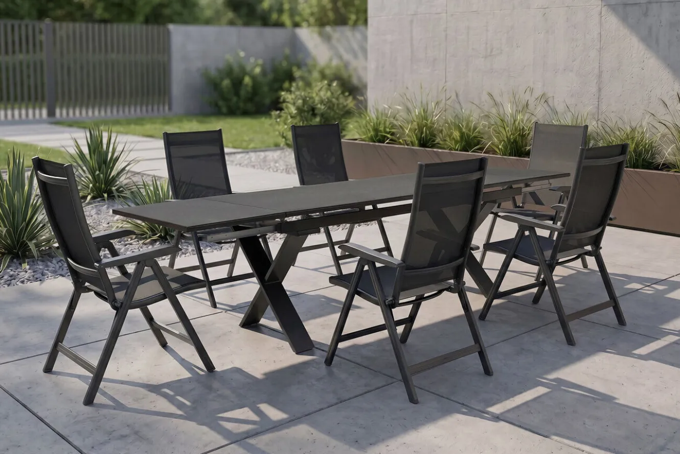 KETTLER BasicPlus Garten-Essgruppe, anthrazit, Alu / Spraystone / Textil, Tisch 180/280x100cm, 6 Klappstühle