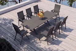 KETTLER BasicPlus Garten-Essgruppe, anthrazit, Alu / Spraystone / Textil, Tisch 180/280 x 100 cm, 6 Stapelsessel, 2 Klappstühle
