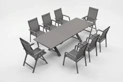 KETTLER BasicPlus Garten-Essgruppe, anthrazit, Alu / Spraystone / Textil, Tisch 180/280 x 100 cm, 6 Stapelsessel, 2 Klappstühle