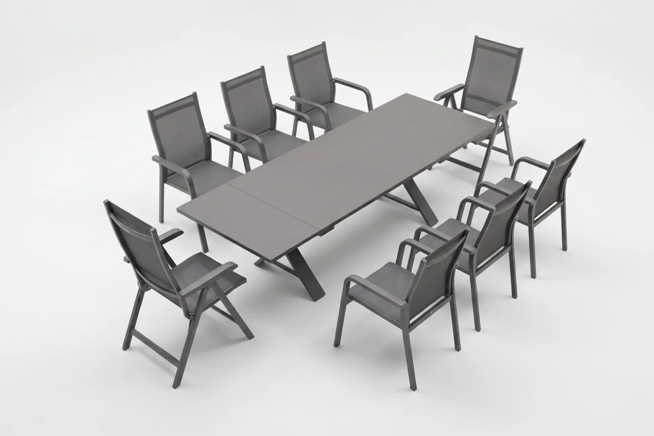 KETTLER BasicPlus Garten-Essgruppe, anthrazit, Alu / Spraystone / Textil, Tisch 180/280 x 100 cm, 6 Stapelsessel, 2 Klappstühle