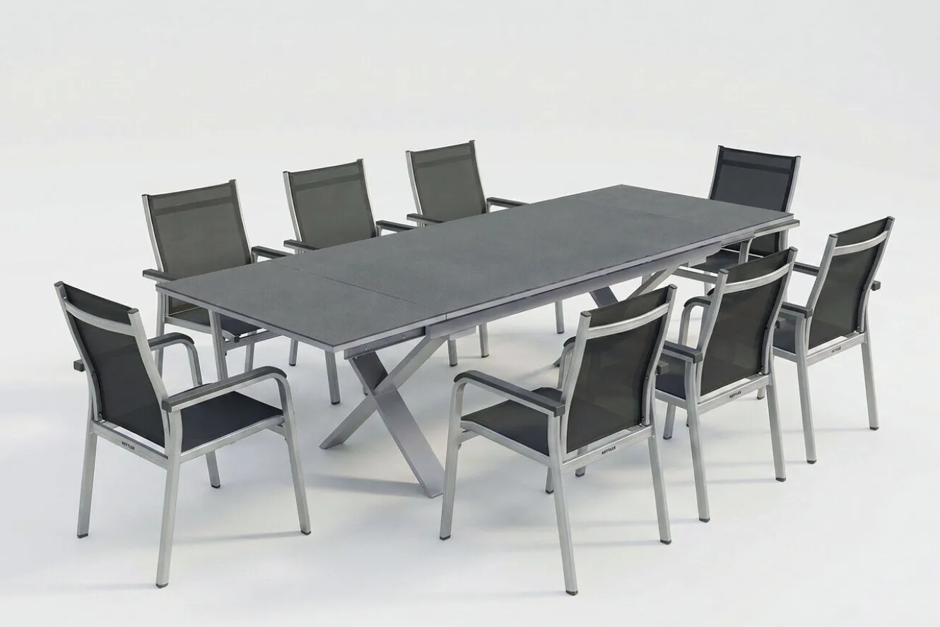KETTLER BasicPlus Garten-Essgruppe, silber / anthrazit, Alu / Spraystone / Textil, Tisch 180/280x100cm, 8 Stapelsessel