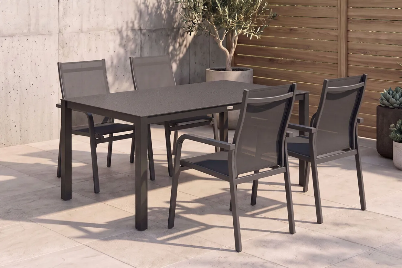 KETTLER BasicPlus Garten-Essgruppe, anthrazit, Alu/Spraystone/Textil, 160x95 cm, 4 Stapelsessel