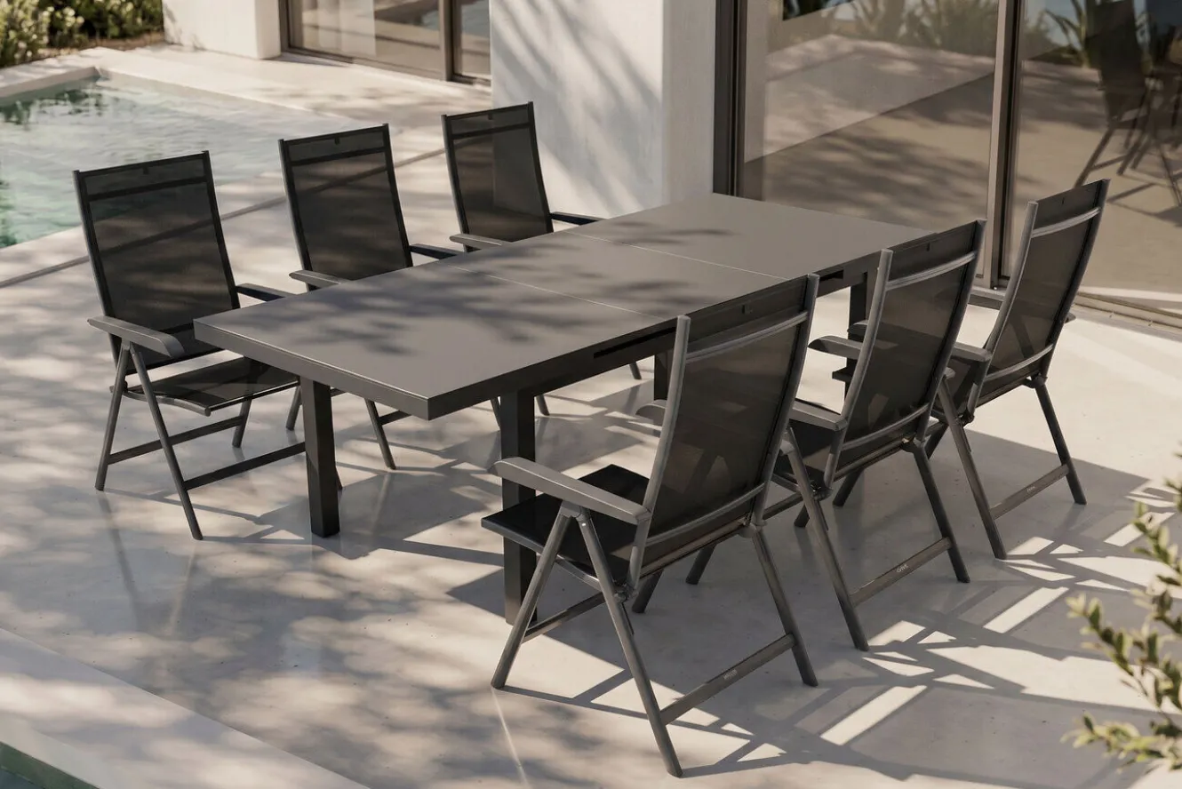 KETTLER BasicPlus Garten-Essgruppe, anthrazit, Alu/Textilene, Tisch 180/240x100cm, 6 Klappstühle