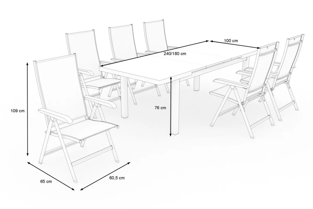 KETTLER BasicPlus Garten-Essgruppe, anthrazit, Alu/Textilene, Tisch 180/240x100cm, 6 Klappstühle