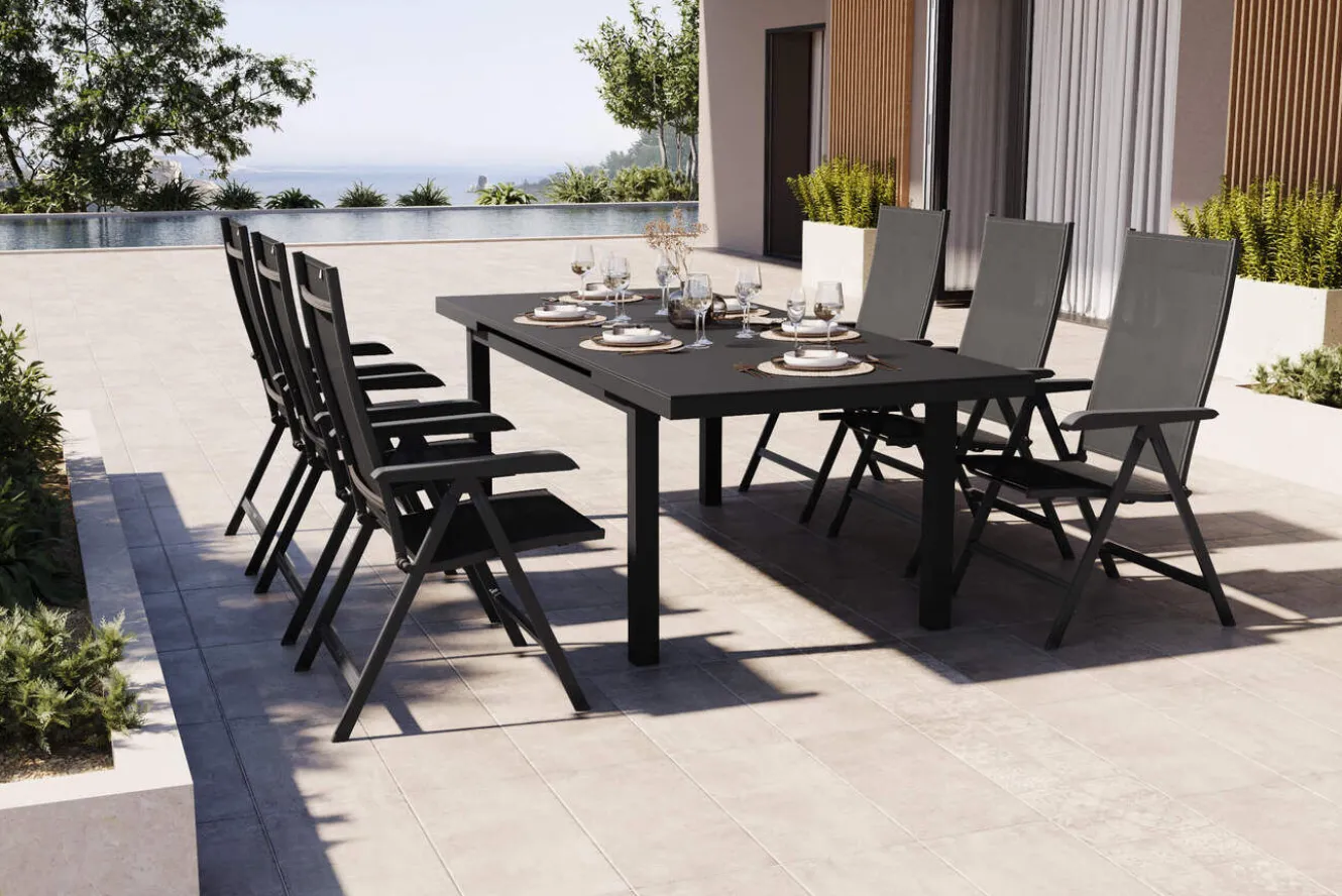 KETTLER BasicPlus Garten-Essgruppe, anthrazit, Alu/Textilene, Tisch 180/240x100cm, 6 Klappstühle