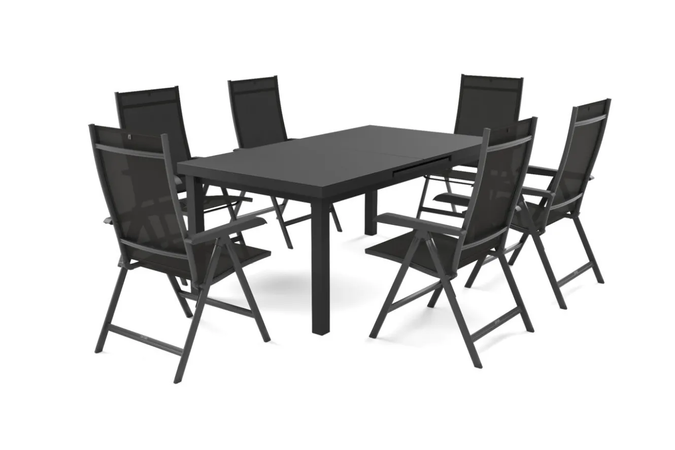 KETTLER BasicPlus Garten-Essgruppe, anthrazit, Alu/Textilene, Tisch 180/240x100cm, 6 Klappstühle