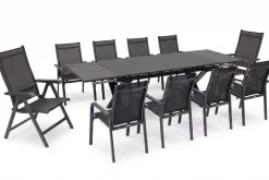 KETTLER BasicPlus Garten-Essgruppe, anthrazit, Alu / Spraystone / Textil, Tisch 180/280 x 100 cm, 8 Stapelsessel, 2 Klappstühle