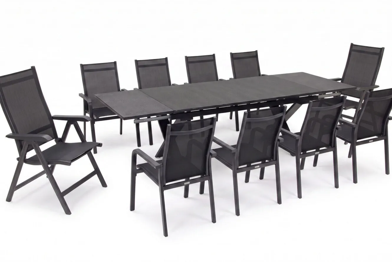 KETTLER BasicPlus Garten-Essgruppe, anthrazit, Alu / Spraystone / Textil, Tisch 180/280 x 100 cm, 8 Stapelsessel, 2 Klappstühle