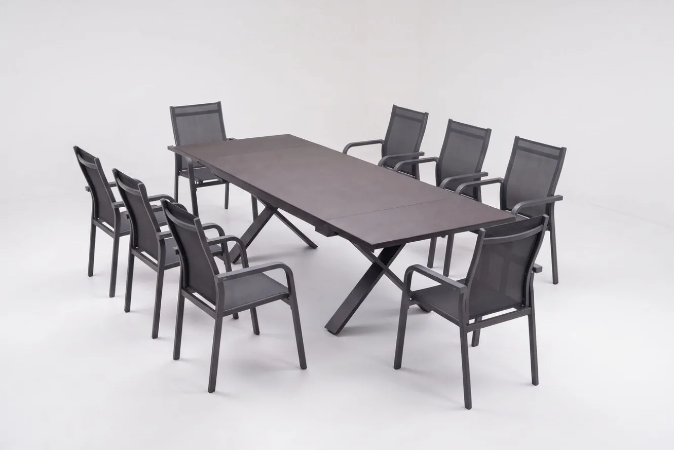 KETTLER BasicPlus Garten-Essgruppe, anthrazit, Alu / Spraystone / Textil, Tisch 180/280x100cm, 8 Stapelsessel