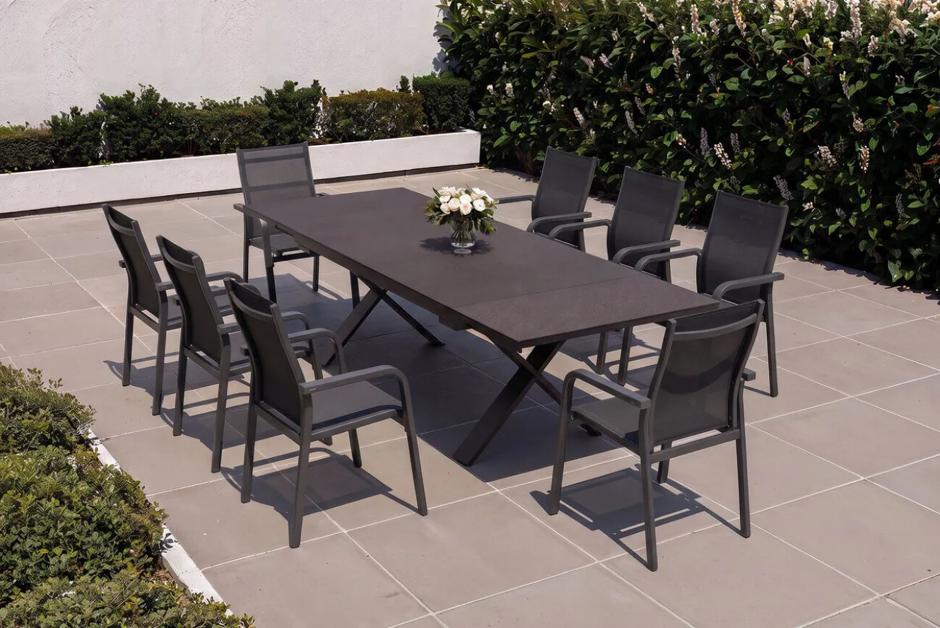 KETTLER BasicPlus Garten-Essgruppe, anthrazit, Alu / Spraystone / Textil, Tisch 180/280x100cm, 8 Stapelsessel