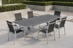 KETTLER BasicPlus Garten-Essgruppe, silber / anthrazit, Alu / Spraystone / Textil, Tisch 180/280x100cm, 6 Stapelsessel