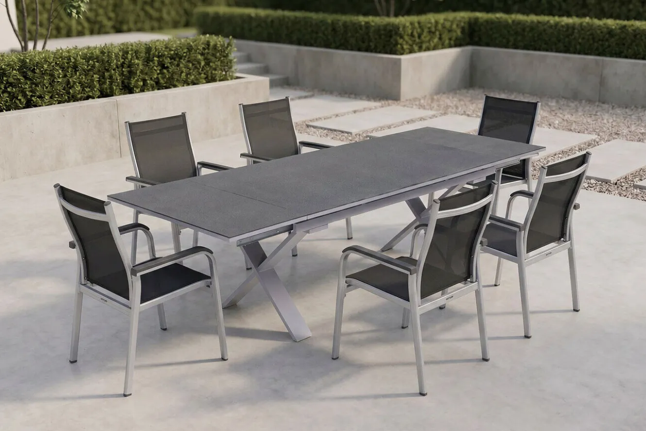 KETTLER BasicPlus Garten-Essgruppe, silber / anthrazit, Alu / Spraystone / Textil, Tisch 180/280x100cm, 6 Stapelsessel
