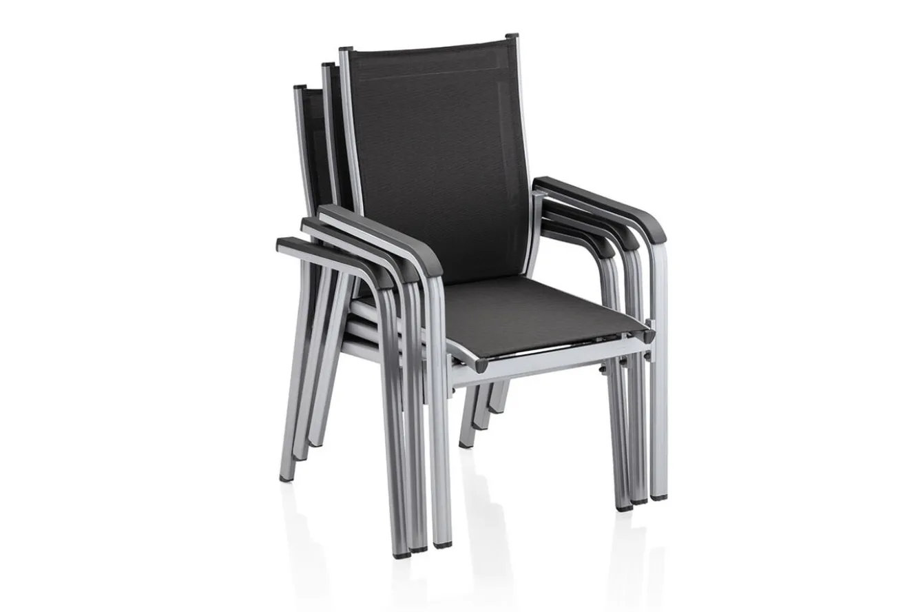 KETTLER BasicPlus Garten-Essgruppe, silber / anthrazit, Alu / Spraystone / Textil, Tisch 180/280x100cm, 6 Stapelsessel