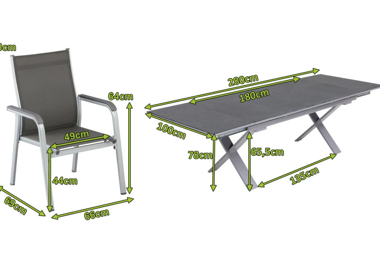 KETTLER BasicPlus Garten-Essgruppe, silber / anthrazit, Alu / Spraystone / Textil, Tisch 180/280x100cm, 6 Stapelsessel