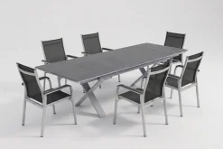 KETTLER BasicPlus Garten-Essgruppe, silber / anthrazit, Alu / Spraystone / Textil, Tisch 180/280x100cm, 6 Stapelsessel