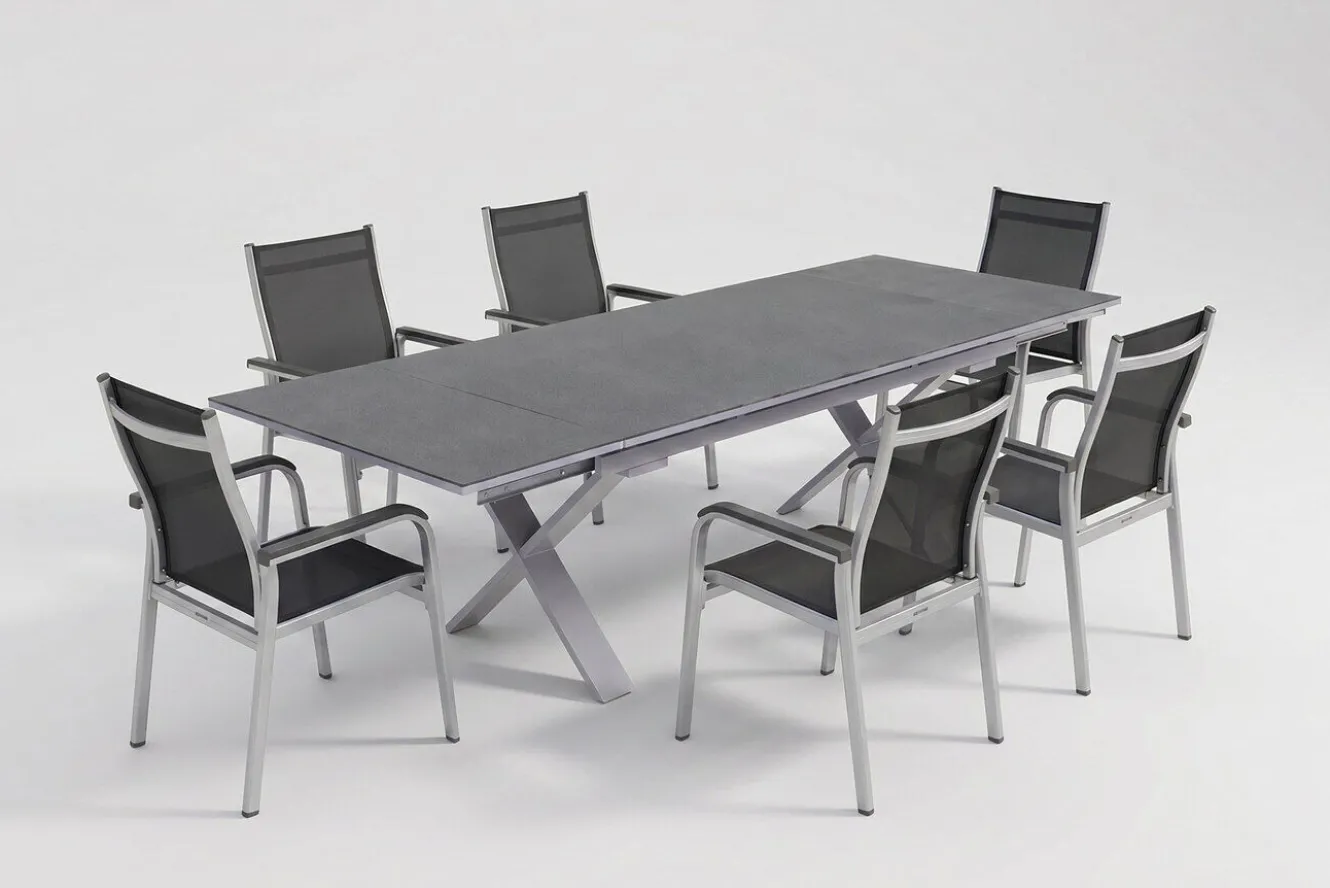 KETTLER BasicPlus Garten-Essgruppe, silber / anthrazit, Alu / Spraystone / Textil, Tisch 180/280x100cm, 6 Stapelsessel