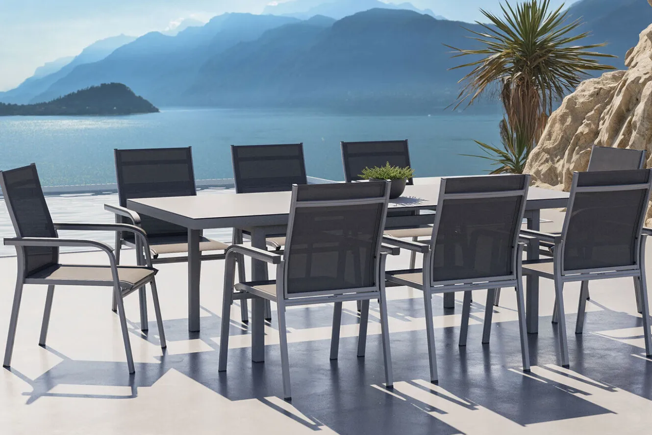 KETTLER BasicPlus Garten-Essgruppe, silber, Alu/Textilene, Tisch 180/240x100cm, 8 Stapelsessel