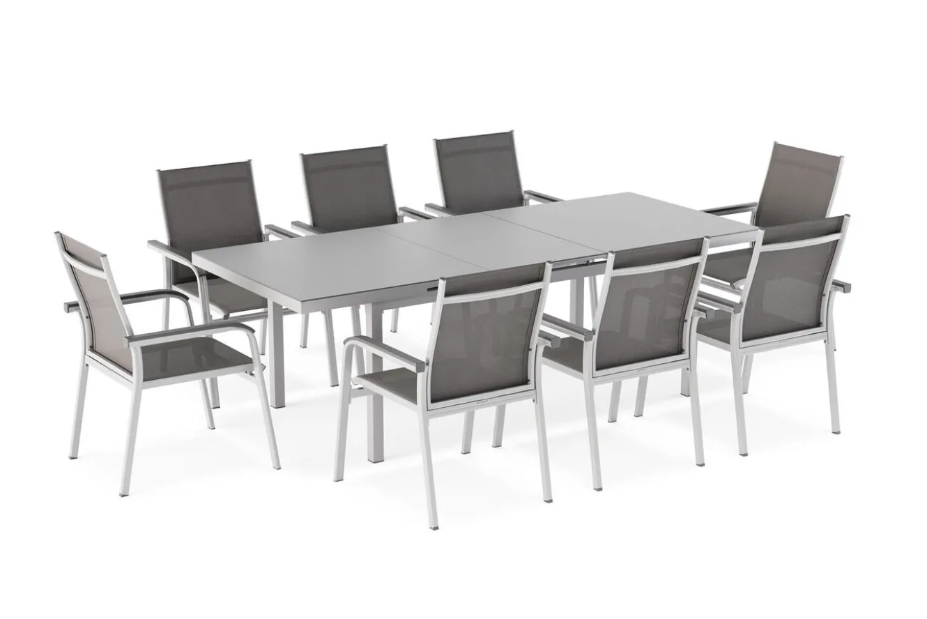 KETTLER BasicPlus Garten-Essgruppe, silber, Alu/Textilene, Tisch 180/240x100cm, 8 Stapelsessel