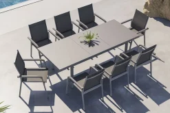KETTLER BasicPlus Garten-Essgruppe, silber, Alu/Textilene, Tisch 180/240x100cm, 8 Stapelsessel