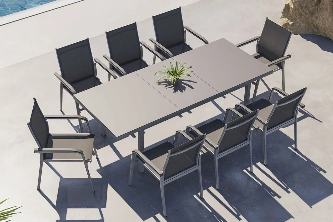 KETTLER BasicPlus Garten-Essgruppe, silber, Alu/Textilene, Tisch 180/240x100cm, 8 Stapelsessel