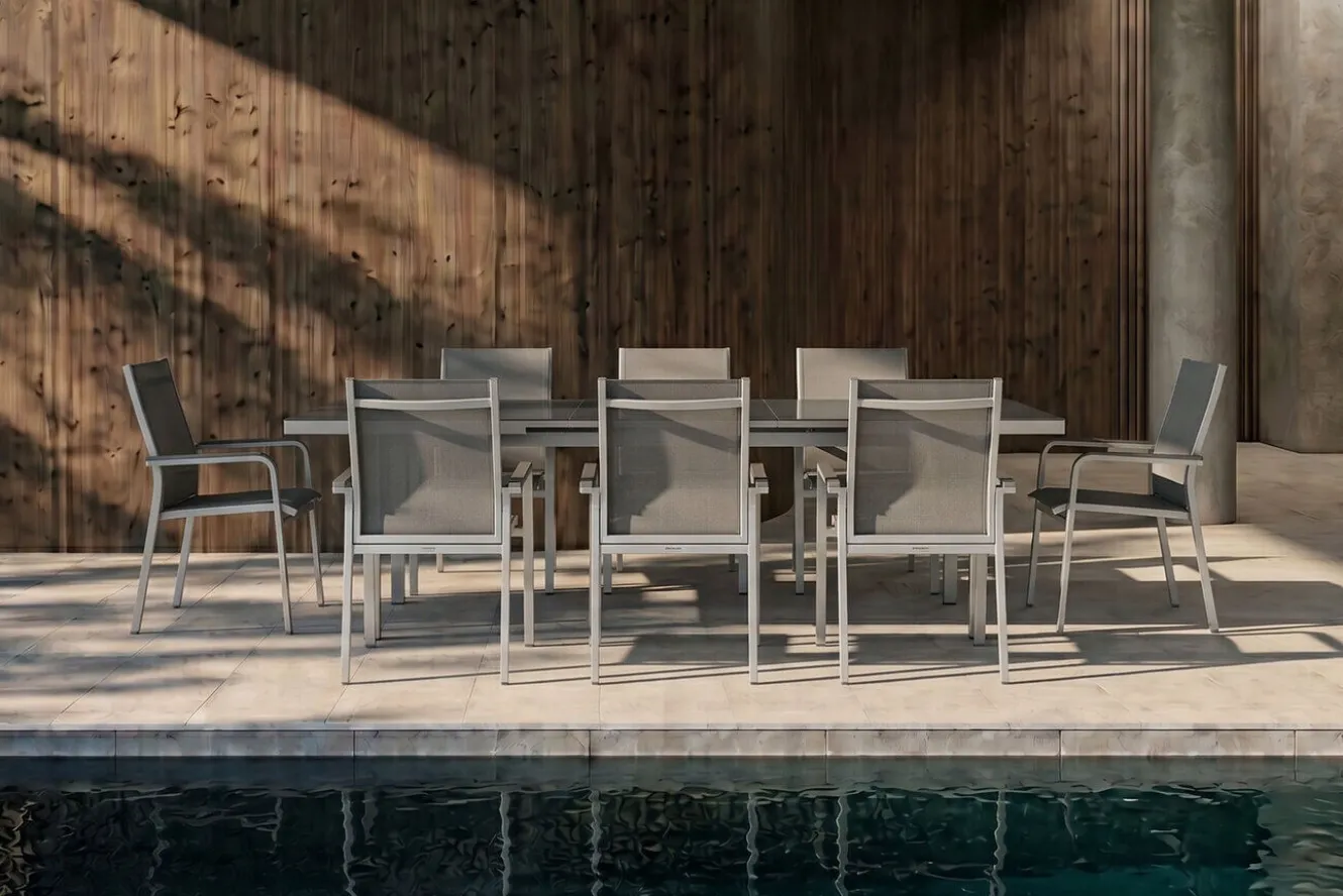 KETTLER BasicPlus Garten-Essgruppe, silber, Alu/Textilene, Tisch 180/240x100cm, 8 Stapelsessel
