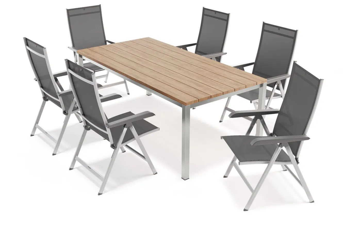 KETTLER BasicPlus Garten-Essgruppe mit 6 Sesseln, silber/anthrazit, Alu/Edelstahl, schmutzabweisend, platzsparend, pflegeleicht