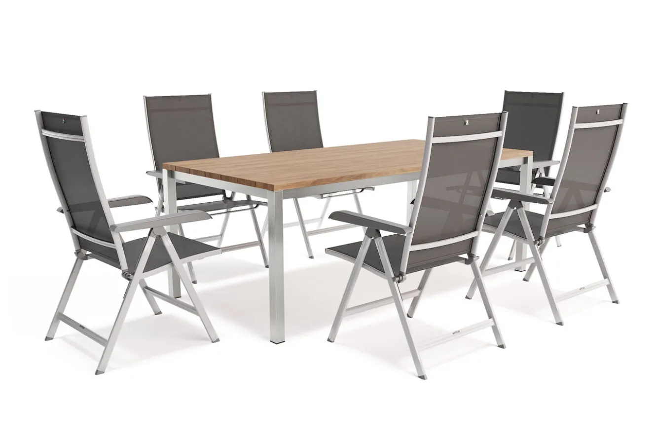 KETTLER BasicPlus Garten-Essgruppe mit 6 Sesseln, silber/anthrazit, Alu/Edelstahl, schmutzabweisend, platzsparend, pflegeleicht