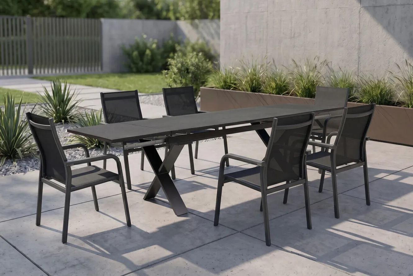 KETTLER BasicPlus Garten-Essgruppe, anthrazit, Alu / Spraystone / Textil, Tisch 180/280x100cm, 6 Stapelsessel