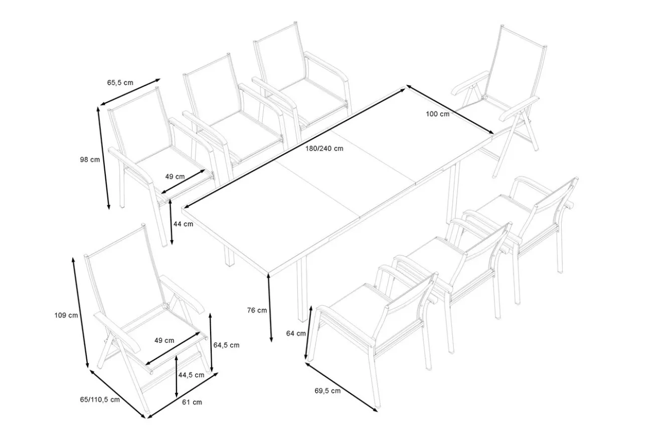 KETTLER BasicPlus Garten-Essgruppe, silber, Alu/Textilene, Tisch 180/240x100cm, 6 Stapel-, 2 Klappstühle
