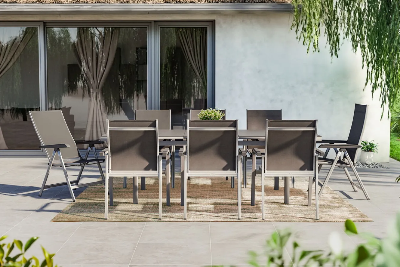 KETTLER BasicPlus Garten-Essgruppe, silber, Alu/Textilene, Tisch 180/240x100cm, 6 Stapel-, 2 Klappstühle