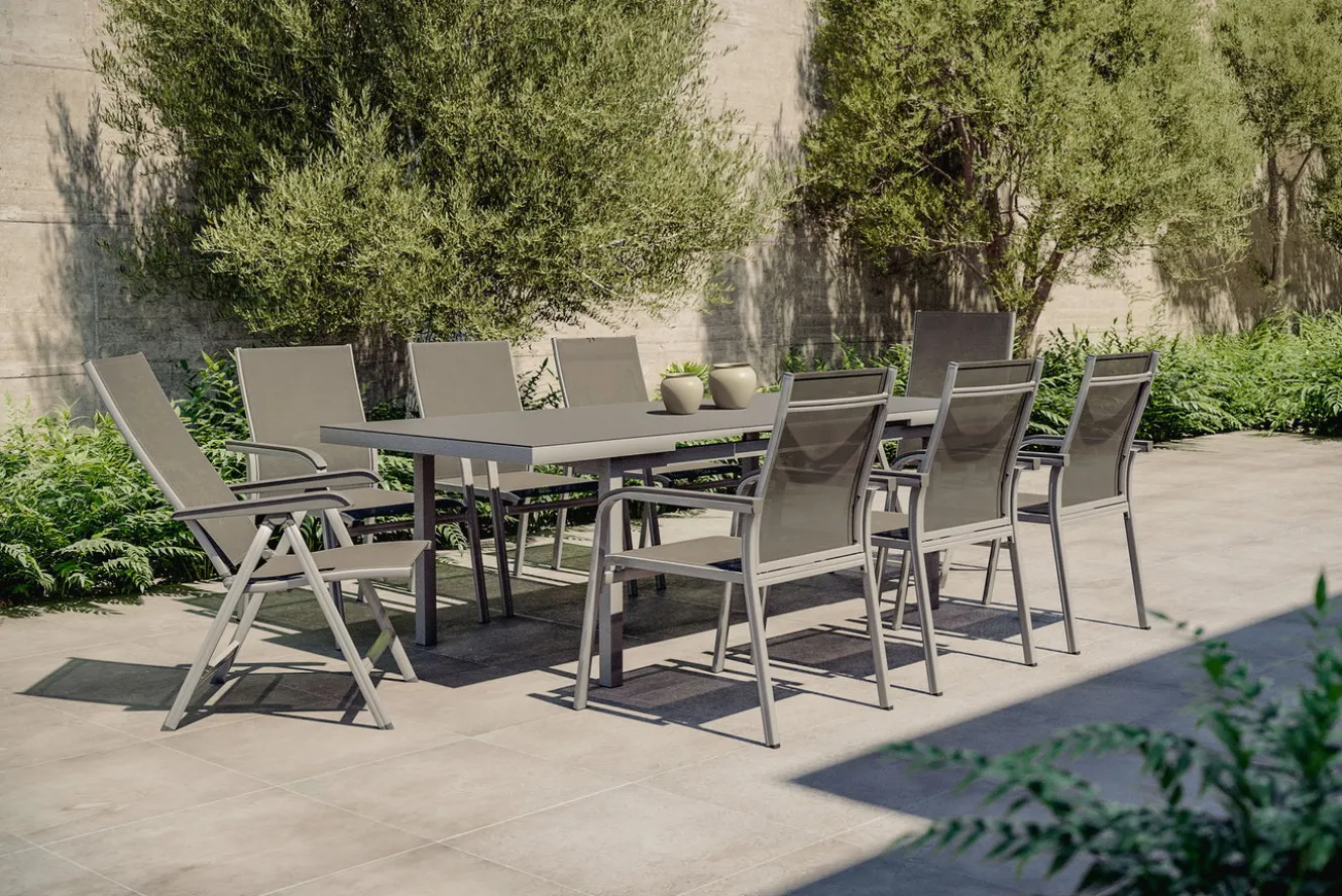 KETTLER BasicPlus Garten-Essgruppe, silber, Alu/Textilene, Tisch 180/240x100cm, 6 Stapel-, 2 Klappstühle