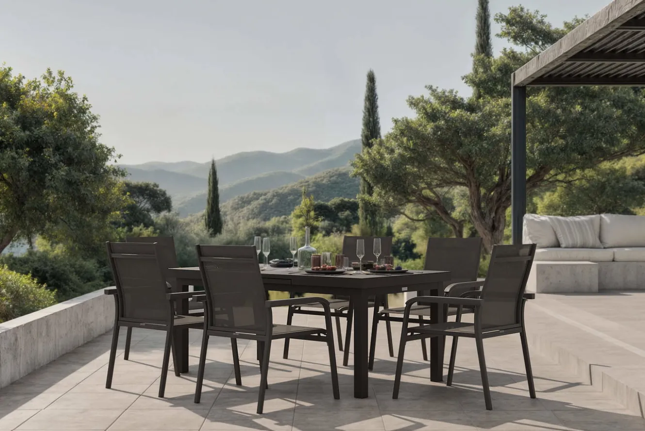 KETTLER BasicPlus Garten-Essgruppe, anthrazit, Alu/Textilene, Tisch 180/240x100cm, 8 Stapelsessel