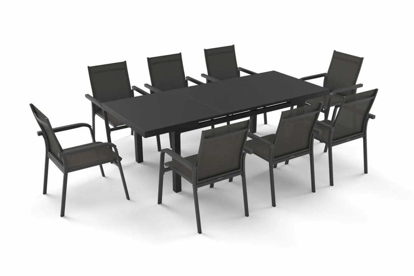 KETTLER BasicPlus Garten-Essgruppe, anthrazit, Alu/Textilene, Tisch 180/240x100cm, 8 Stapelsessel