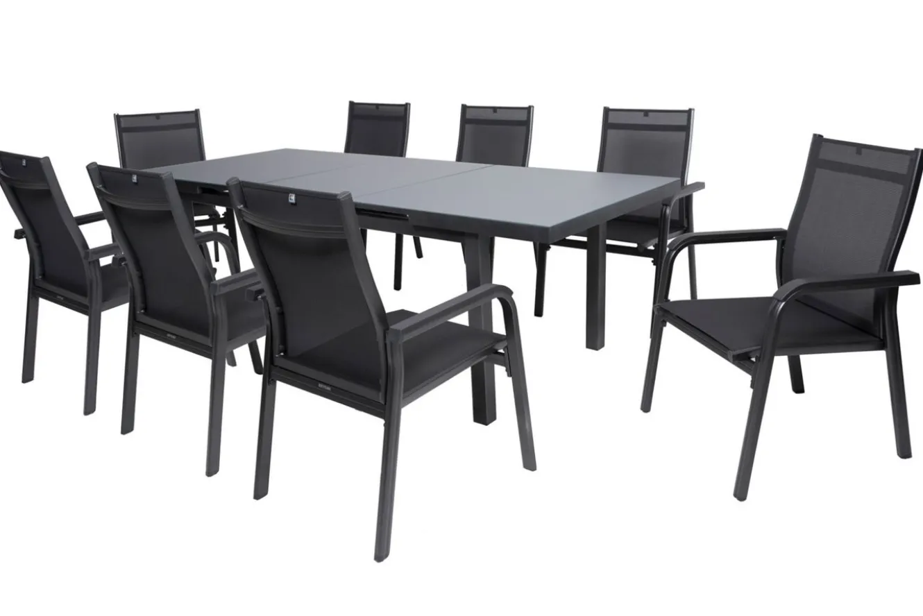 KETTLER BasicPlus Garten-Essgruppe, anthrazit, Alu/Textilene, Tisch 180/240x100cm, 8 Stapelsessel