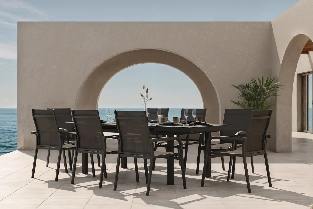 KETTLER BasicPlus Garten-Essgruppe, anthrazit, Alu/Textilene, Tisch 180/240x100cm, 8 Stapelsessel