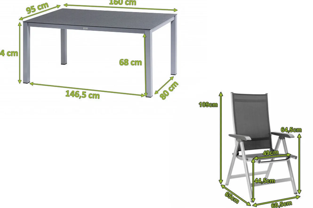 KETTLER BasicPlus Garten-Essgruppe, silber/anthrazit, Alu/Spraystone/Textil, 160 x 95 cm, inkl. 6 Klappstühle