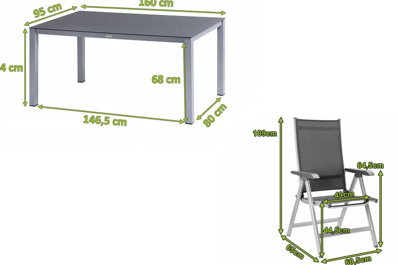 KETTLER BasicPlus Garten-Essgruppe, silber/anthrazit, Alu/Spraystone/Textil, 160 x 95 cm, inkl. 6 Klappstühle