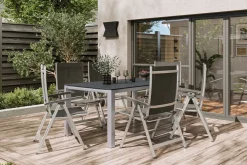 KETTLER BasicPlus Garten-Essgruppe, silber/anthrazit, Alu/Spraystone/Textil, 160 x 95 cm, inkl. 6 Klappstühle