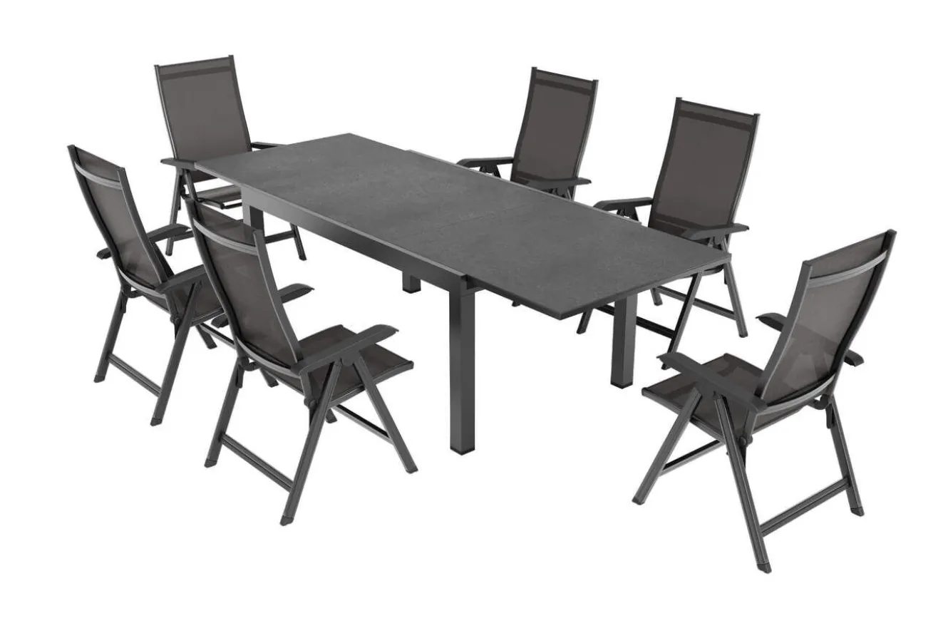 KETTLER BasicPlus Garten-Essgruppe, anthrazit/schwarz, Alu/Textilene/Spraystone-Glas, Tisch 160/260 x 100 cm, 6 Klappstühle
