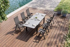 KETTLER BasicPlus Garten-Essgruppe, anthrazit/schwarz, Alu/Textilene/Spraystone-Glas, Tisch 160/260 x 100 cm, 6 Klappstühle