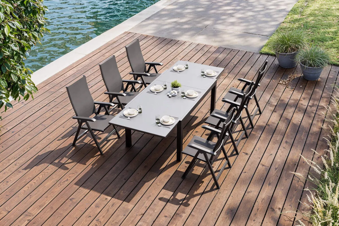 KETTLER BasicPlus Garten-Essgruppe, anthrazit/schwarz, Alu/Textilene/Spraystone-Glas, Tisch 160/260 x 100 cm, 6 Klappstühle