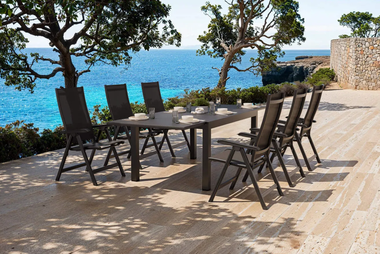 KETTLER BasicPlus Garten-Essgruppe, anthrazit/schwarz, Alu/Textilene/Spraystone-Glas, Tisch 160/260 x 100 cm, 6 Klappstühle