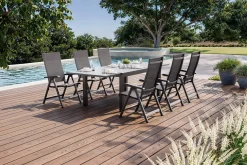 KETTLER BasicPlus Garten-Essgruppe, anthrazit/schwarz, Alu/Textilene/Spraystone-Glas, Tisch 160/260 x 100 cm, 6 Klappstühle