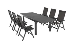 KETTLER BasicPlus Garten-Essgruppe, anthrazit/schwarz, Alu/Textilene/Spraystone-Glas, Tisch 160/260 x 100 cm, 6 Klappstühle