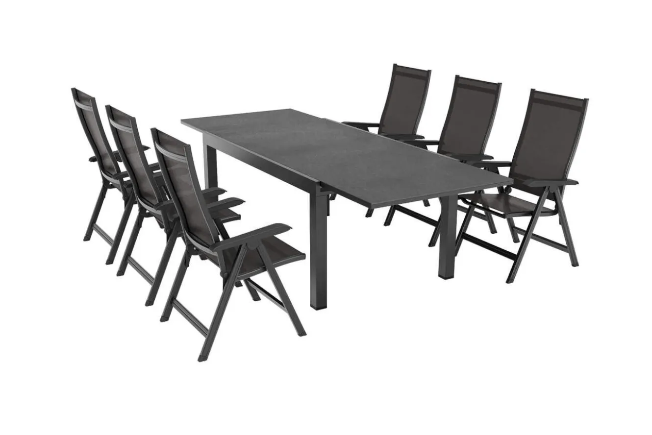 KETTLER BasicPlus Garten-Essgruppe, anthrazit/schwarz, Alu/Textilene/Spraystone-Glas, Tisch 160/260 x 100 cm, 6 Klappstühle