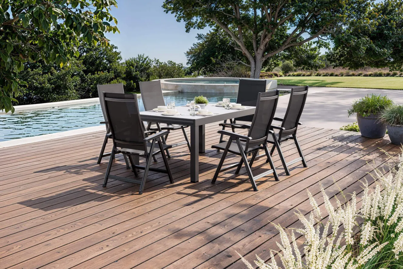 KETTLER BasicPlus Garten-Essgruppe, anthrazit/schwarz, Alu/Textilene/Spraystone-Glas, Tisch 160/260 x 100 cm, 6 Klappstühle