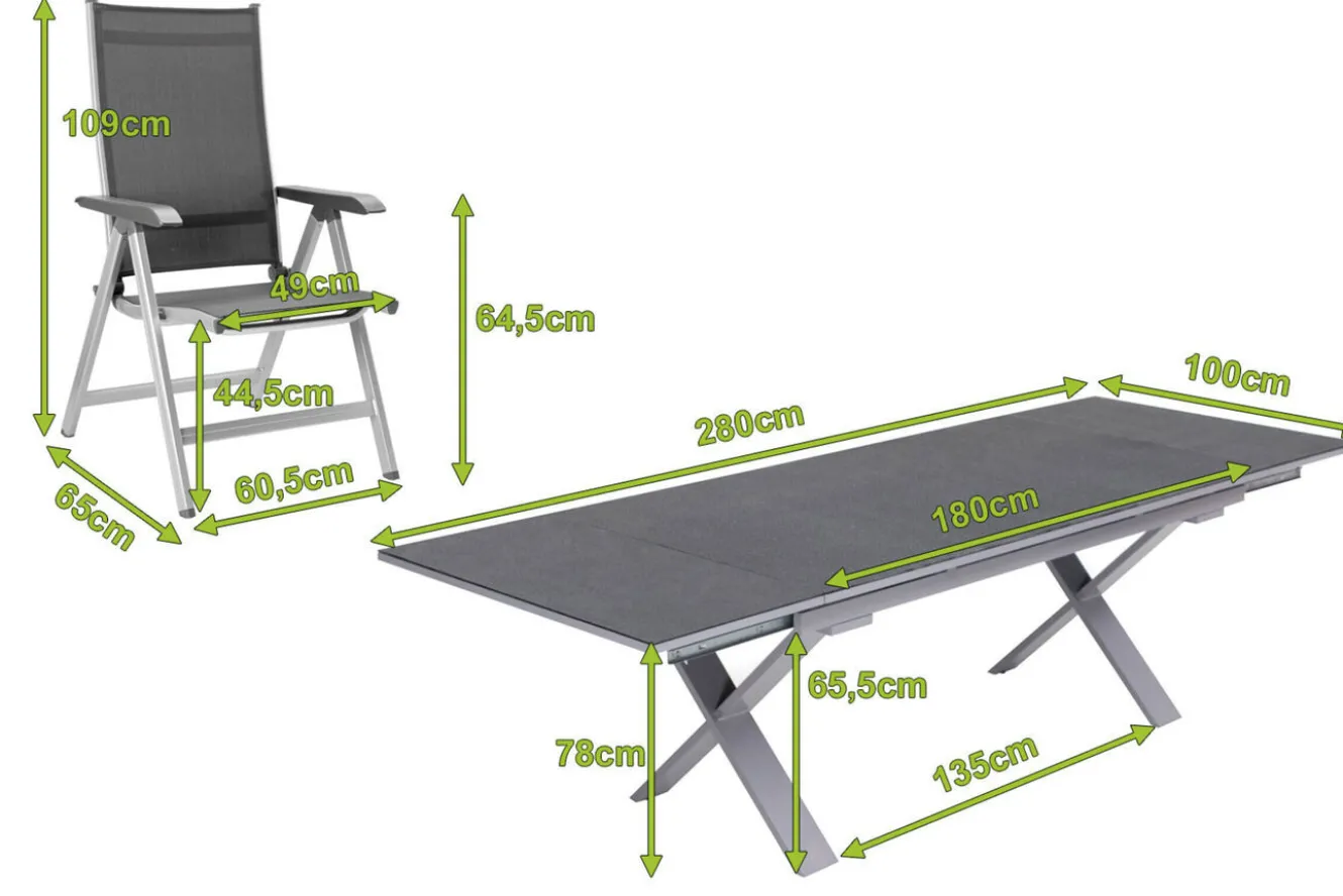 KETTLER BasicPlus Garten-Essgruppe, silber / anthrazit, Alu / Spraystone / Textil, Tisch 180/280x100cm, 6 Klappstühle