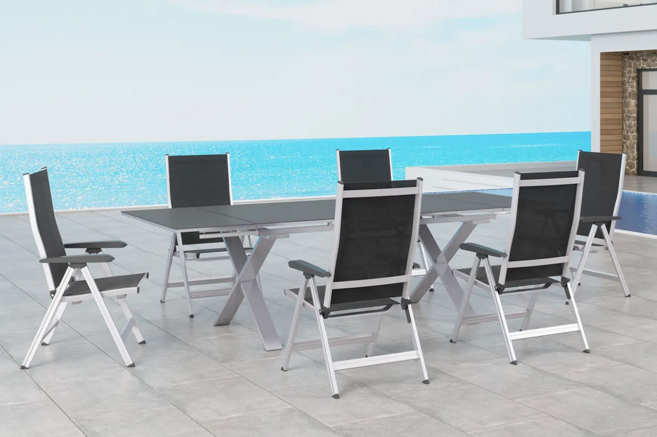 KETTLER BasicPlus Garten-Essgruppe, silber / anthrazit, Alu / Spraystone / Textil, Tisch 180/280x100cm, 6 Klappstühle